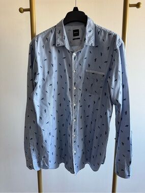 Hugo Boss Light Blue Button-Down Shirt with Navy Bird Print